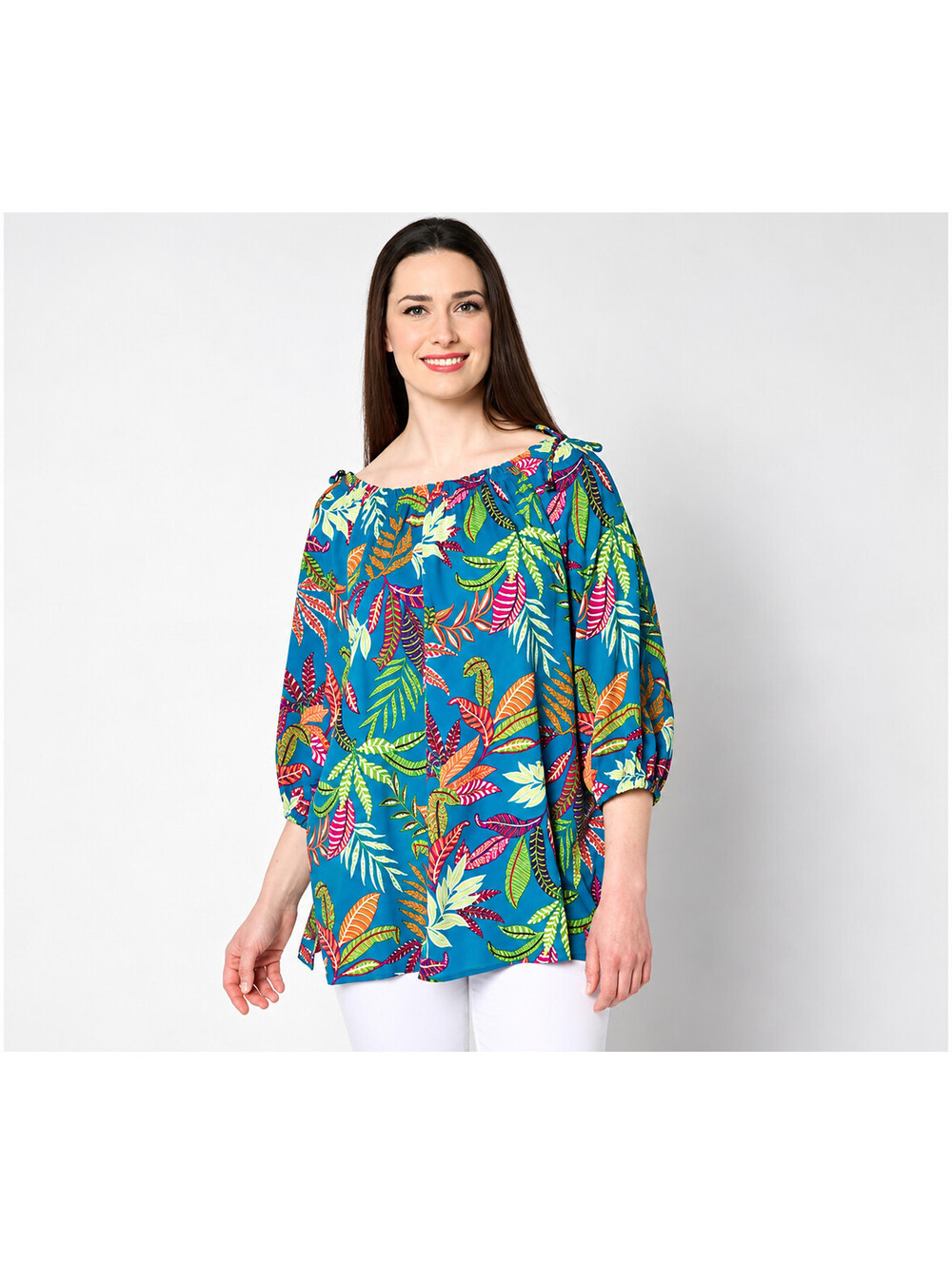 Susan Graver PURE Rayon Woven 3/4-Sleeve Peasant Tunic Top Blue/Multi, X-Large